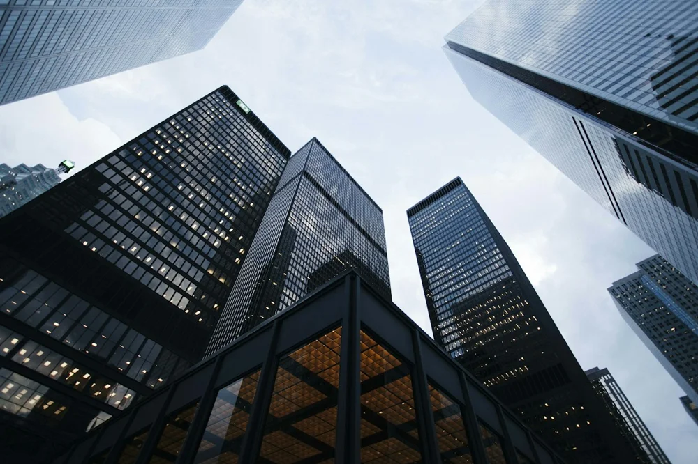 Modern commercial building viewed from below